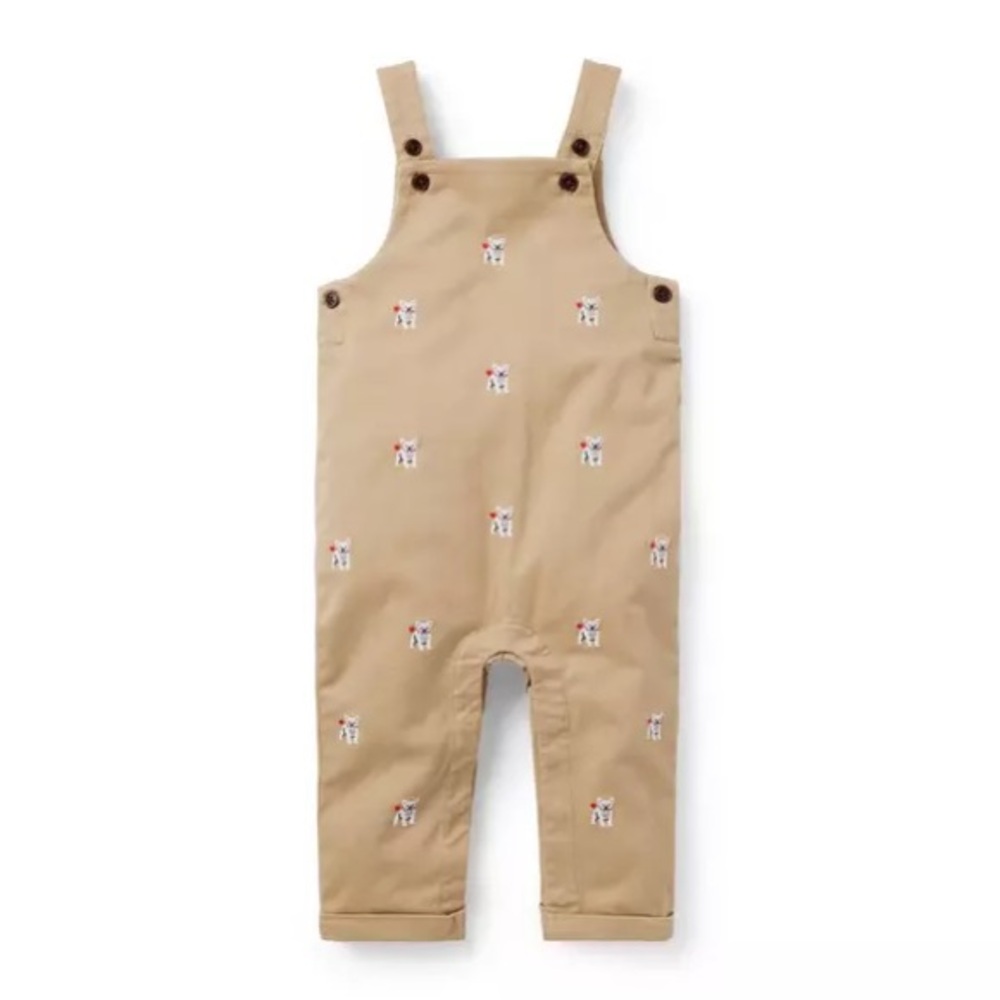 Janie and Jack Beige Overalls with Dog Embroidery